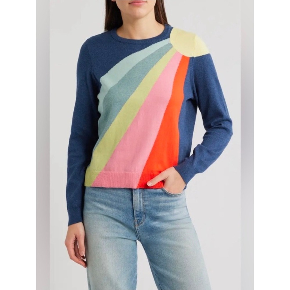 Marine Layer ICON SUN Sweater Navy Cotton Sunburst Sweater Rainbow Size Large